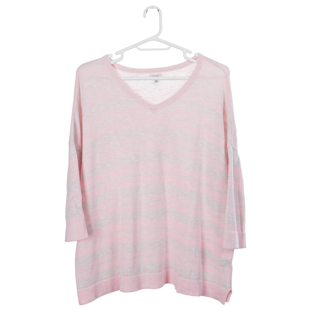 Sonoma Sweater 3X Pink Beige Striped V-Neck Pullover Casual Cotton Knit